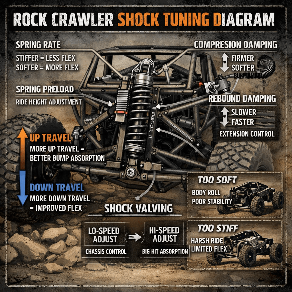 Rock crawler shock absorber with tuning labels for spring rate, preload, travel, damping, and valving