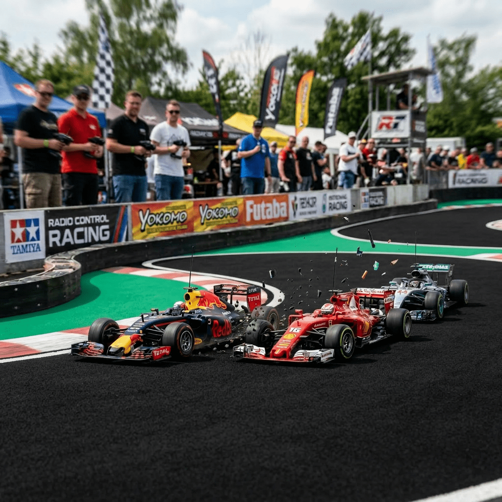 Three remote control Formula 1 cars racing on a track with spectators watching
