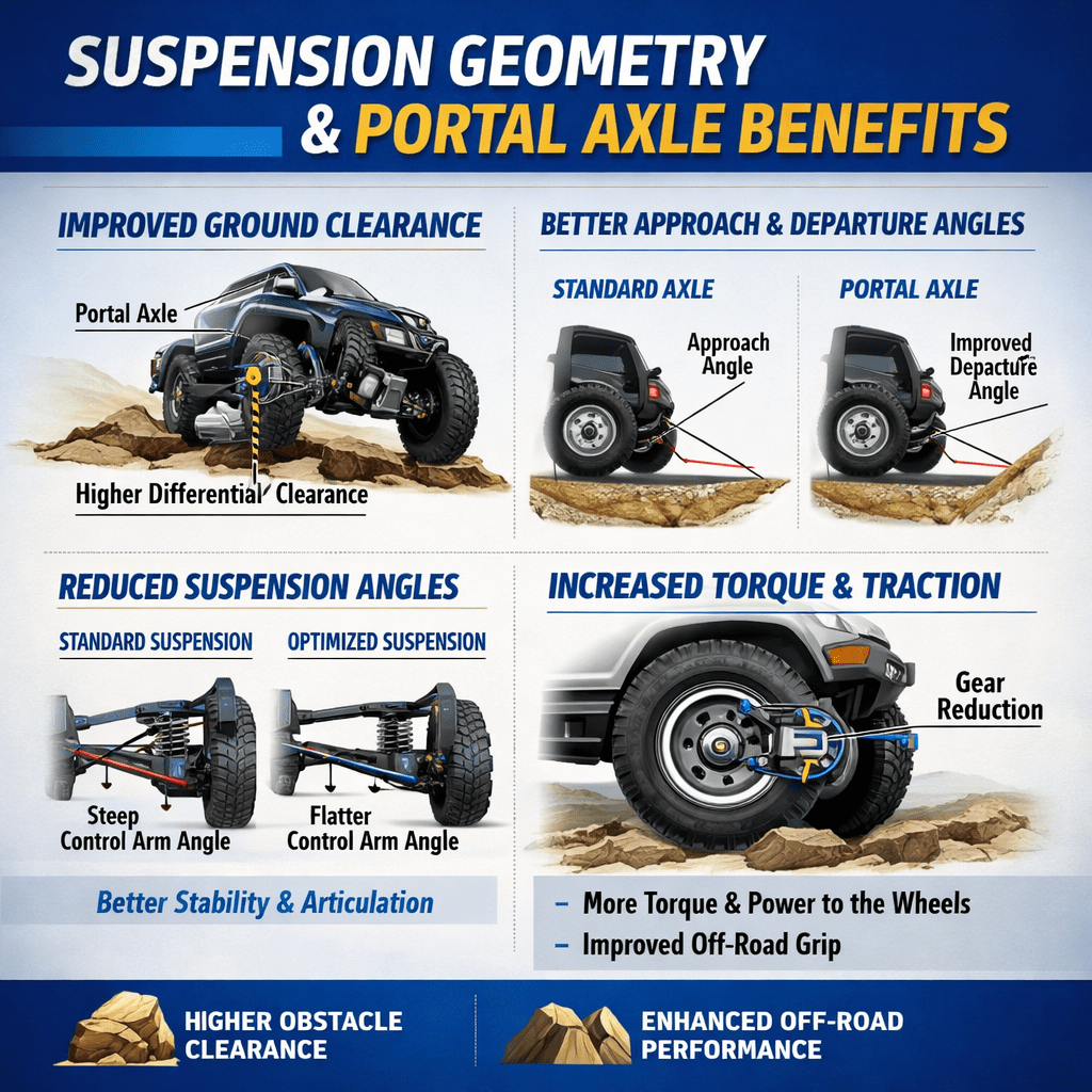 Diagram showing benefits of portal axle suspension including improved ground clearance, better approach and departure angles, reduced suspension angles, and increased torque and traction.