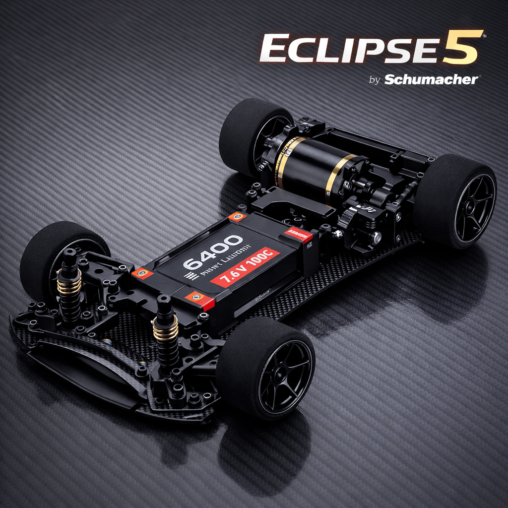 Carbon fiber chassis of Schumacher Eclipse 5 RC car with motor and foam tires
