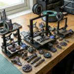 Black 3D-printed components, screws, and tools laid out on a wooden table for RC car assembly
