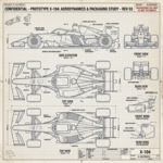 Technical blueprint with side, top, front, rear views of Formula race car prototype X-104 including labeled parts and dimensions