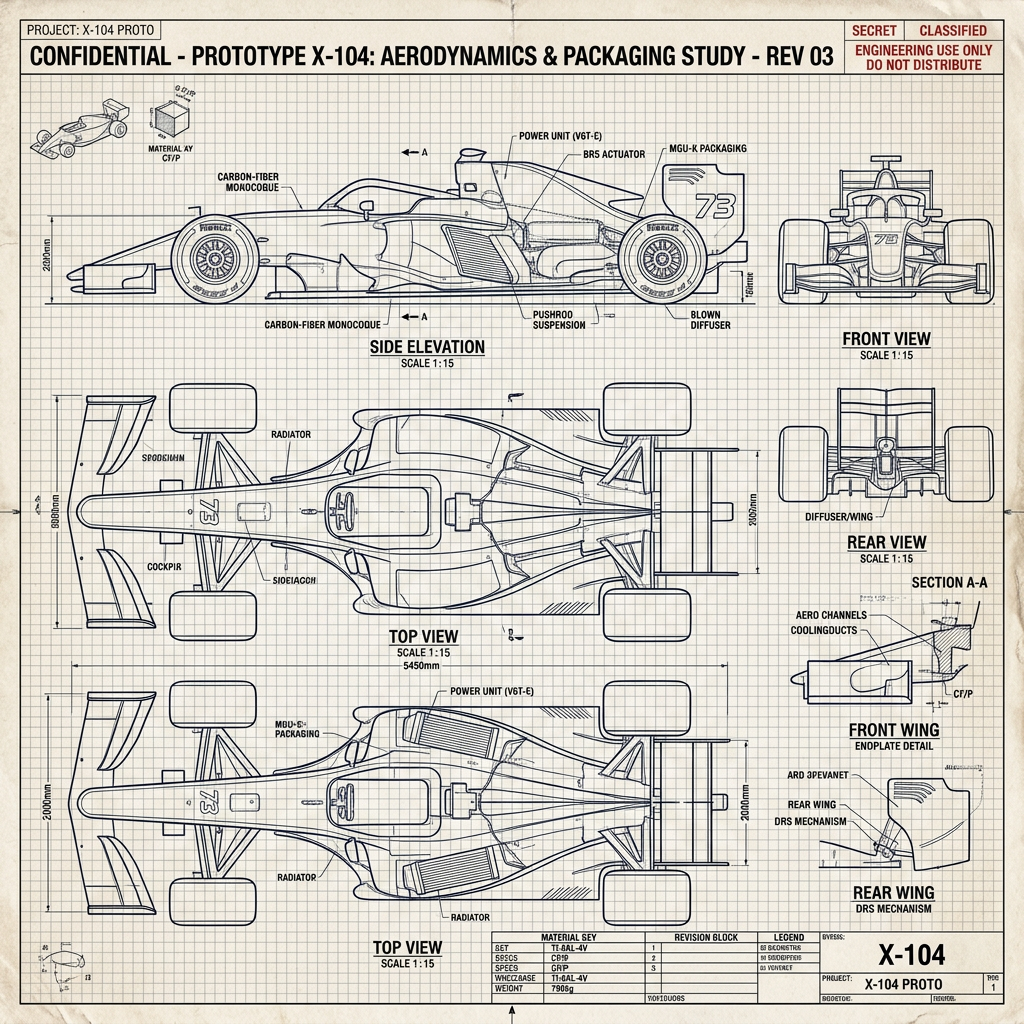 Technical blueprint with side, top, front, rear views of Formula race car prototype X-104 including labeled parts and dimensions